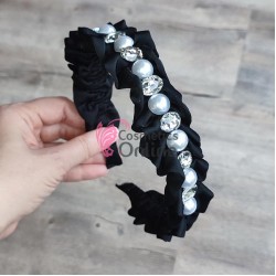 Bentita deosebita pentru par din statin Hand Made BTP042BB - Neagra cu Cristale si perle